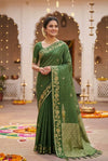 Green Checked Silk Saree with Floral Zari Border