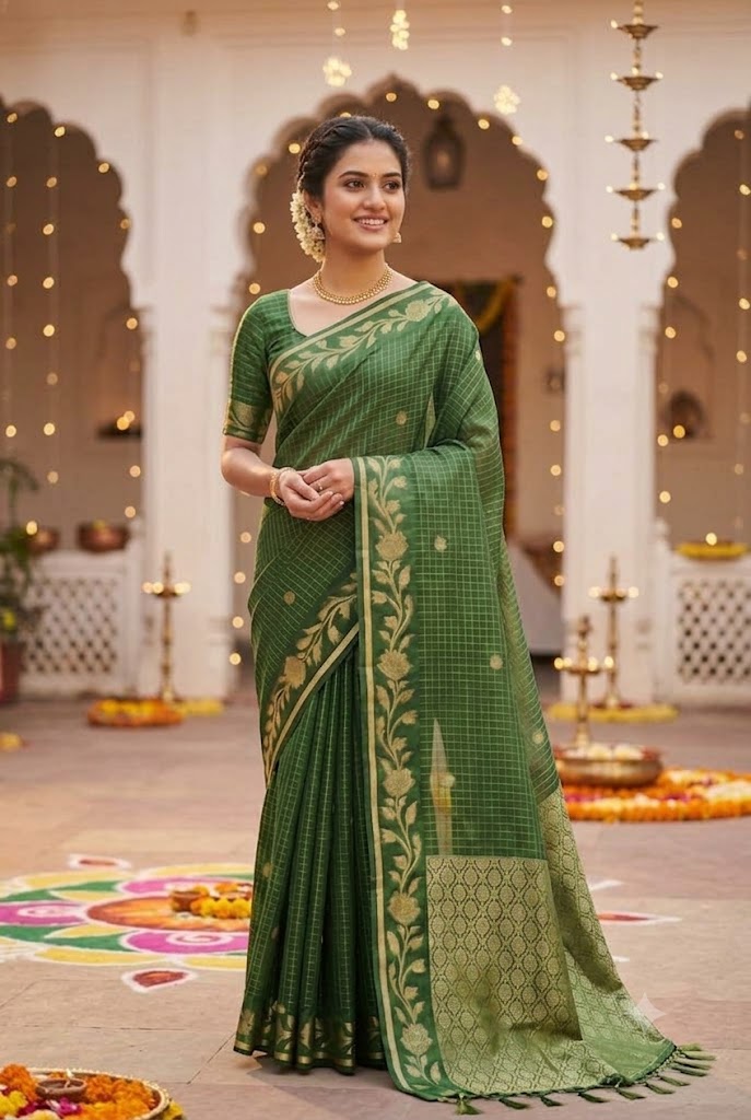 Green Checked Silk Saree with Floral Zari Border