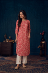 Coral Pink Abstract Print Kurti with White Pants