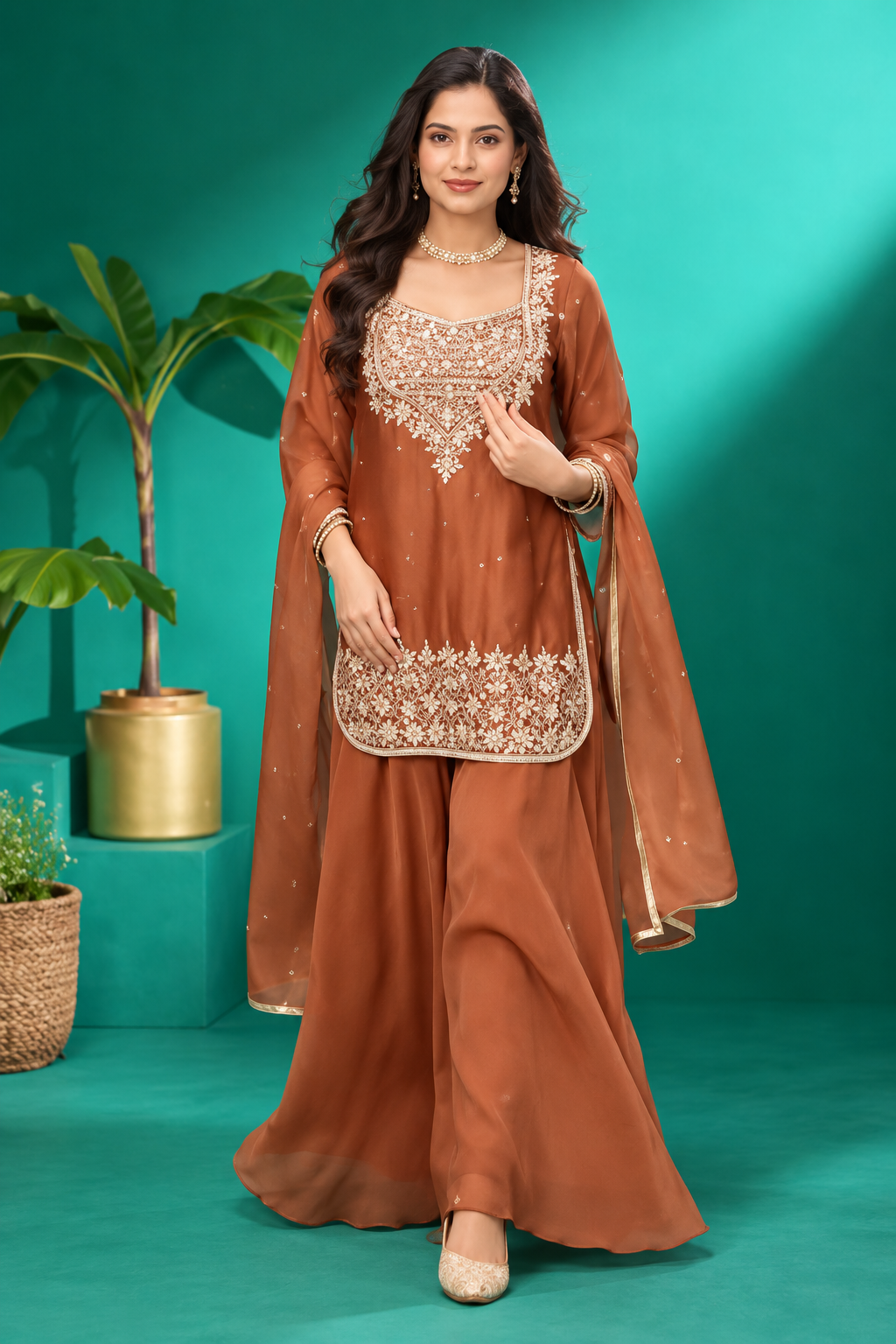 Rust Brown Embroidered Palazzo Suit Set