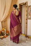 Wine Checked Silk Saree with Traditional Gold Zari Border