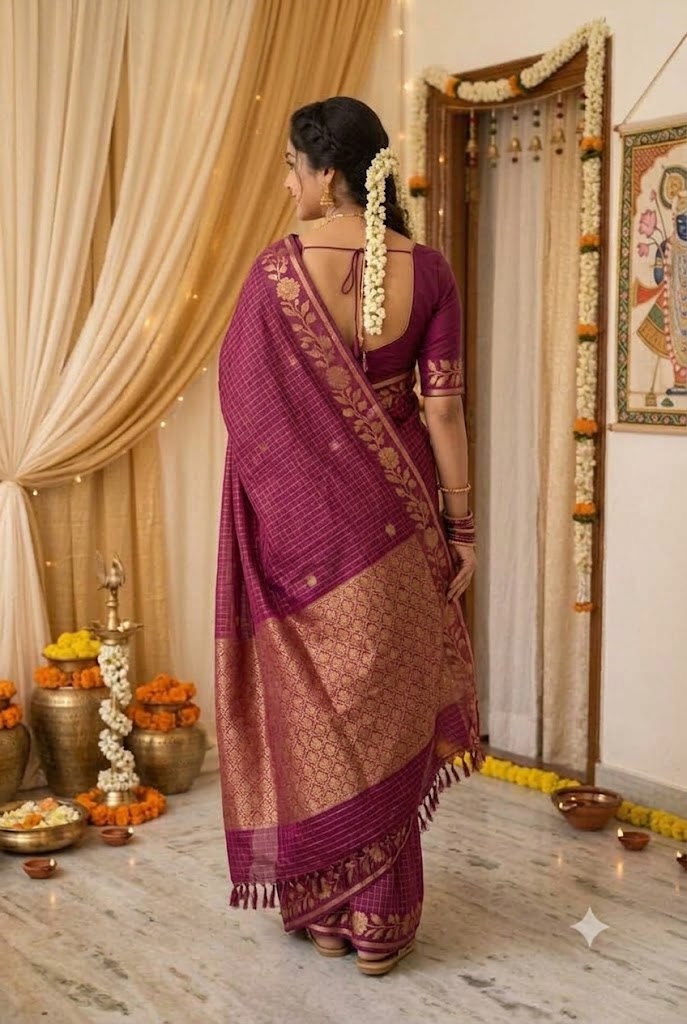 Wine Checked Silk Saree with Traditional Gold Zari Border