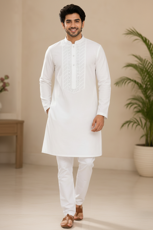 Premium White Embroidered Kurta for Men
