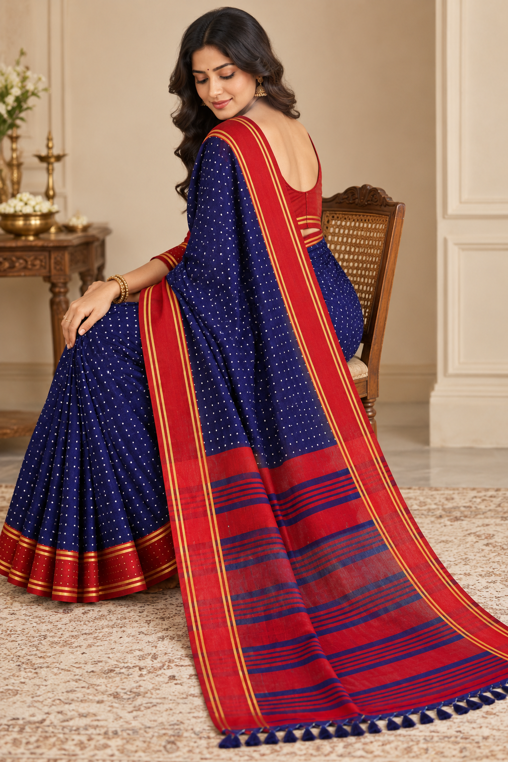Royal Navy Blue Saree with Red Traditional Border