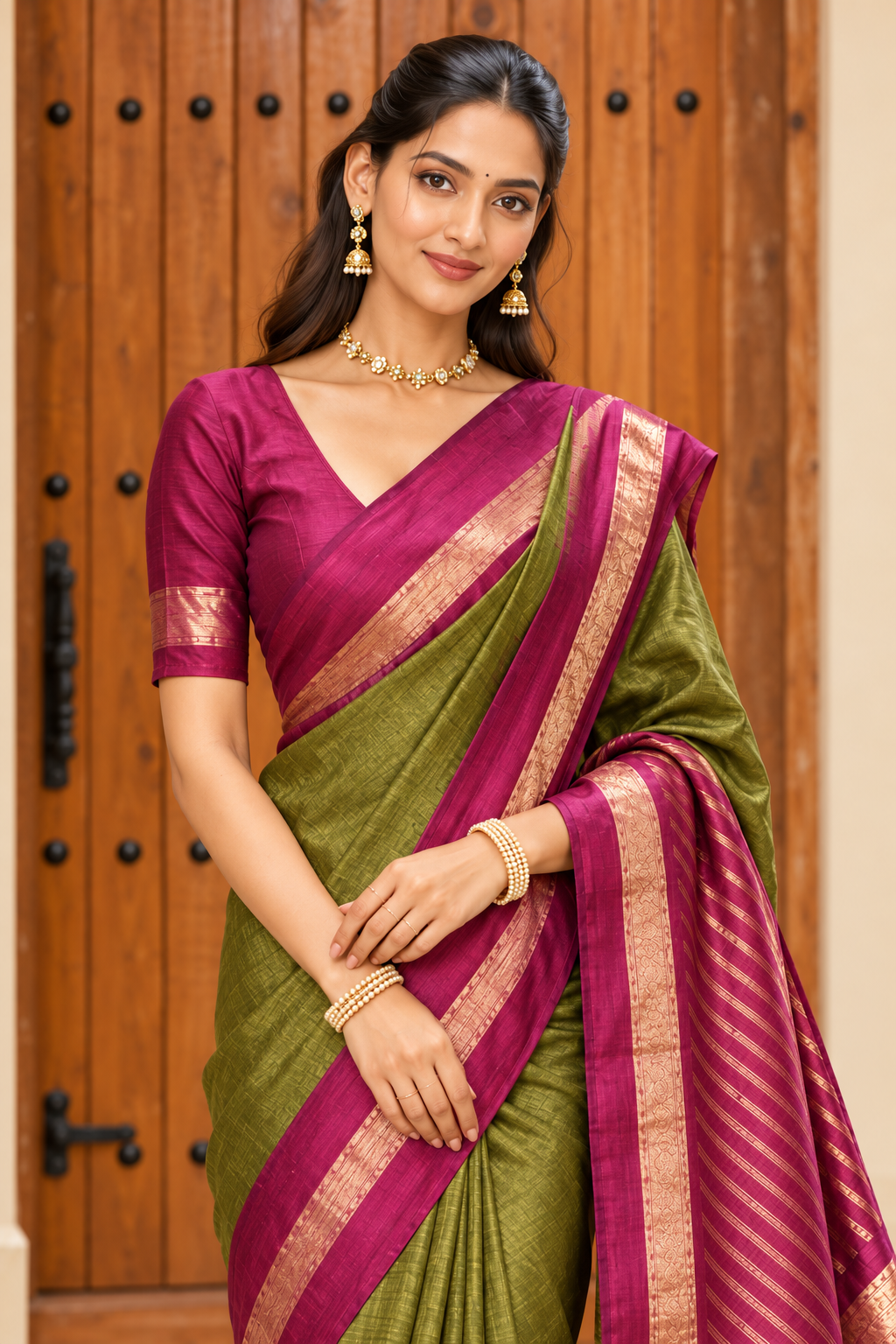 Olive Green & Magenta Zari Border Saree