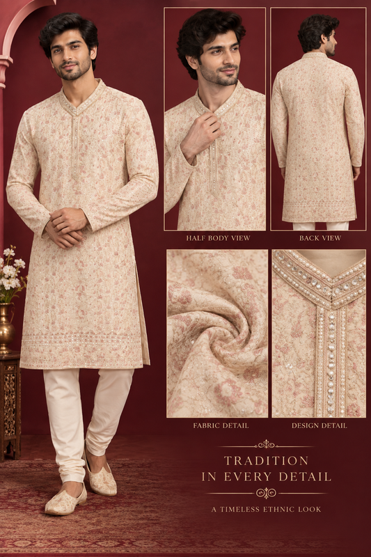 Men’s Ivory Embroidered Ethnic Kurta Set