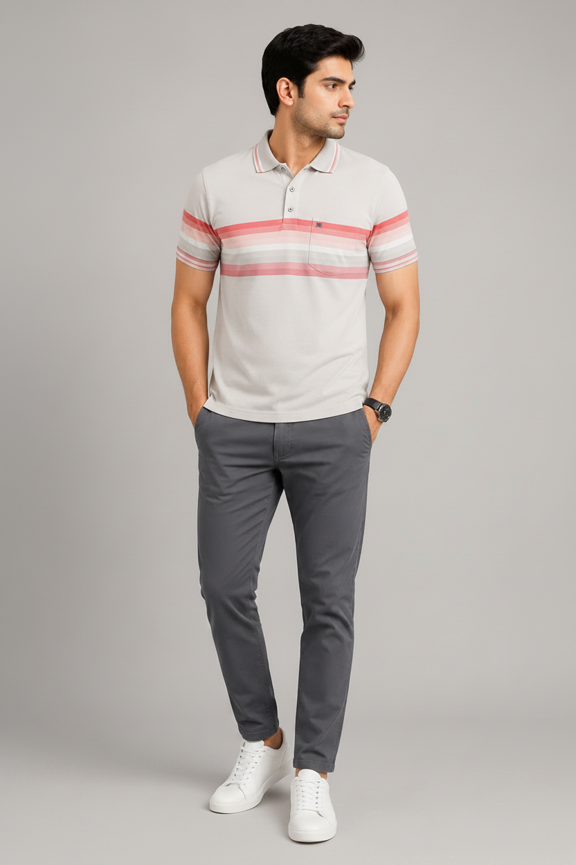 Men’s Off White Striped Polo T-Shirt