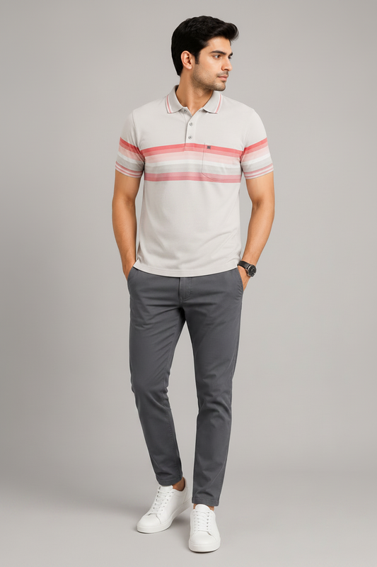 Men’s Off White Striped Polo T-Shirt