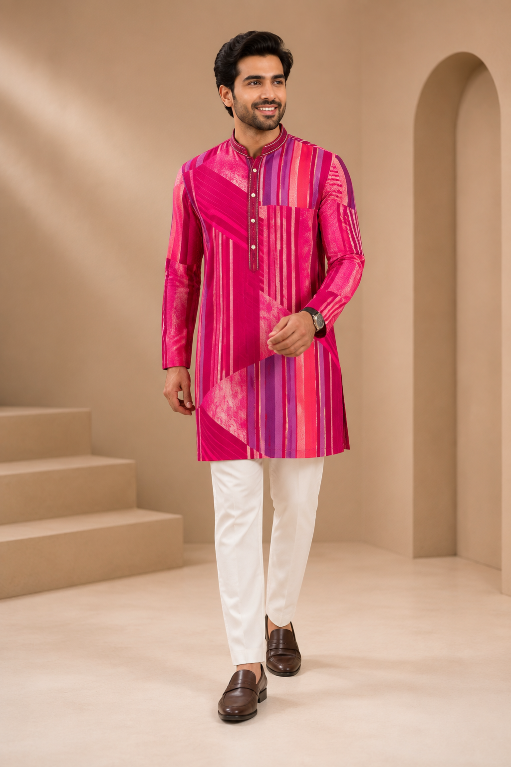 Vibrant Fuchsia Geometric Print Festive Kurta Set