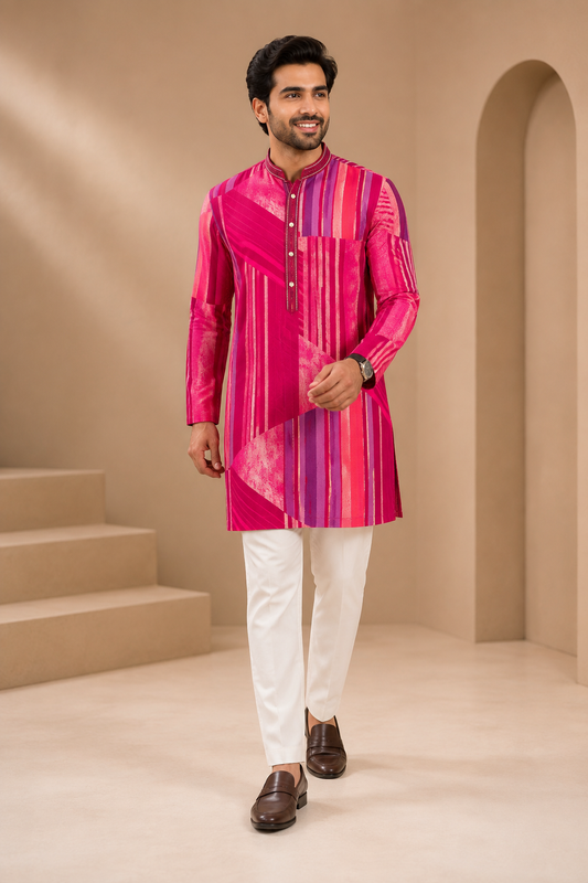 Vibrant Fuchsia Geometric Print Festive Kurta Set