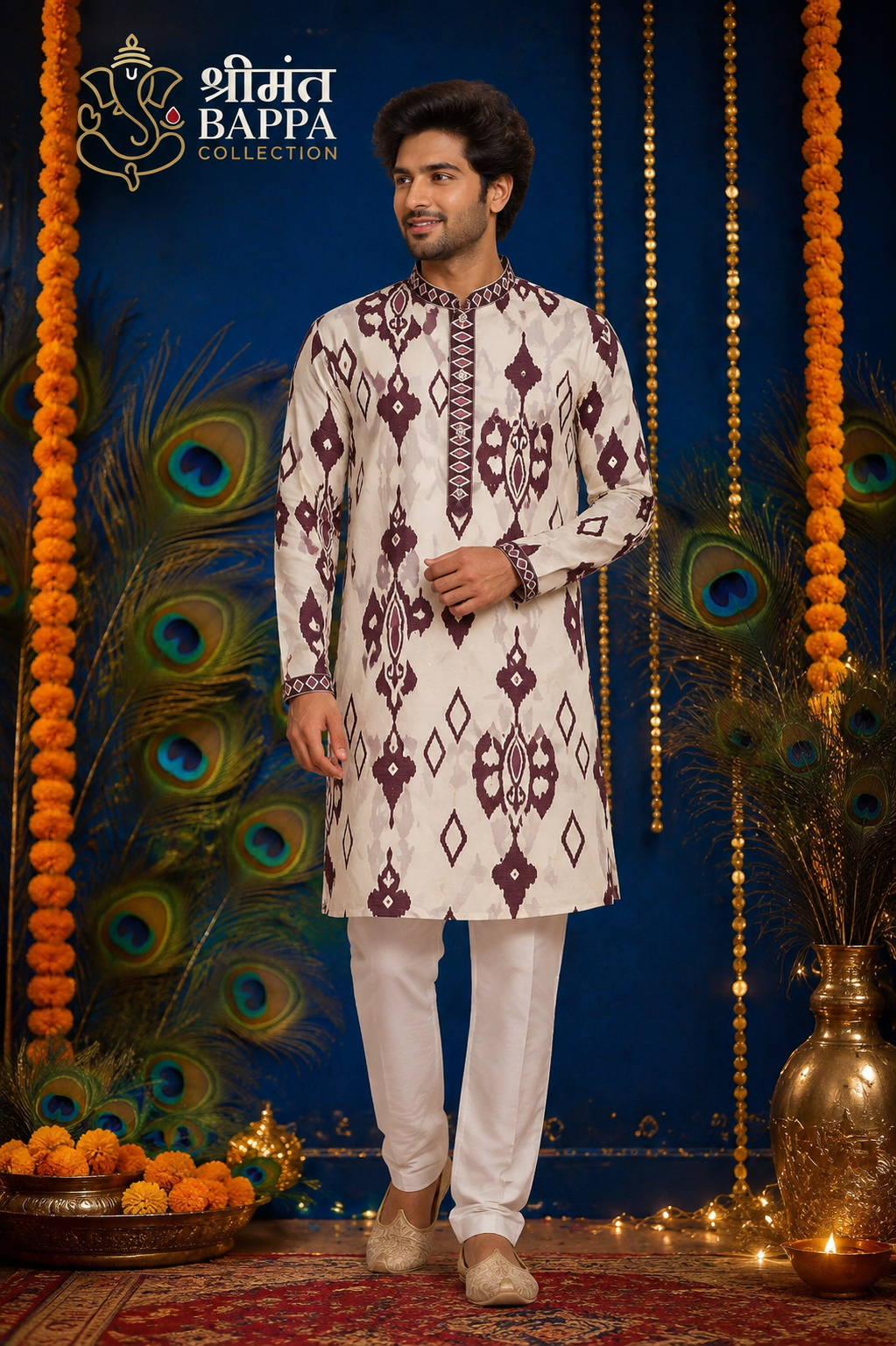 Ivory & Maroon Ikat Print Festive Kurta Set