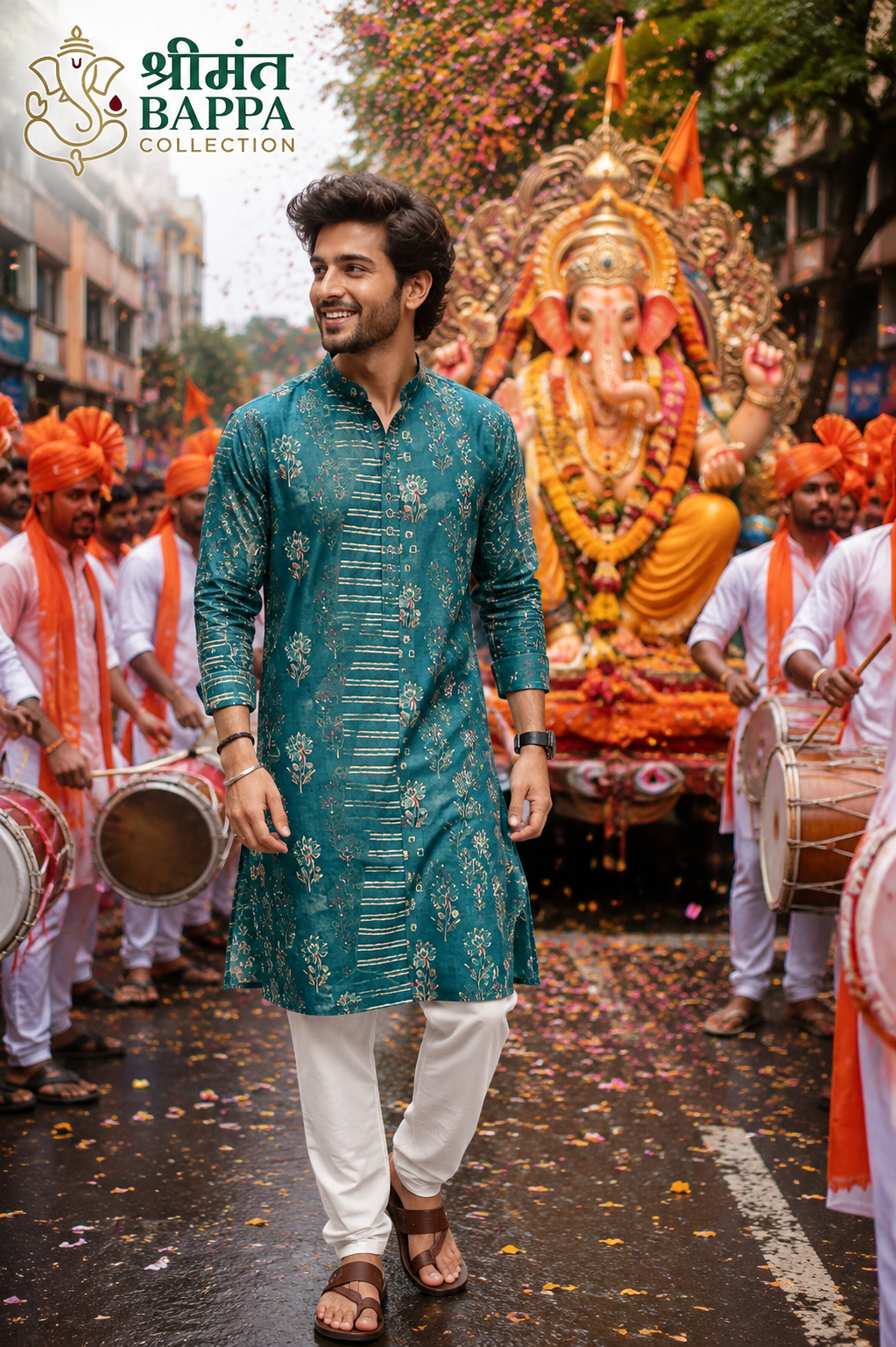 Teal Green Floral Print Festive Kurta Set