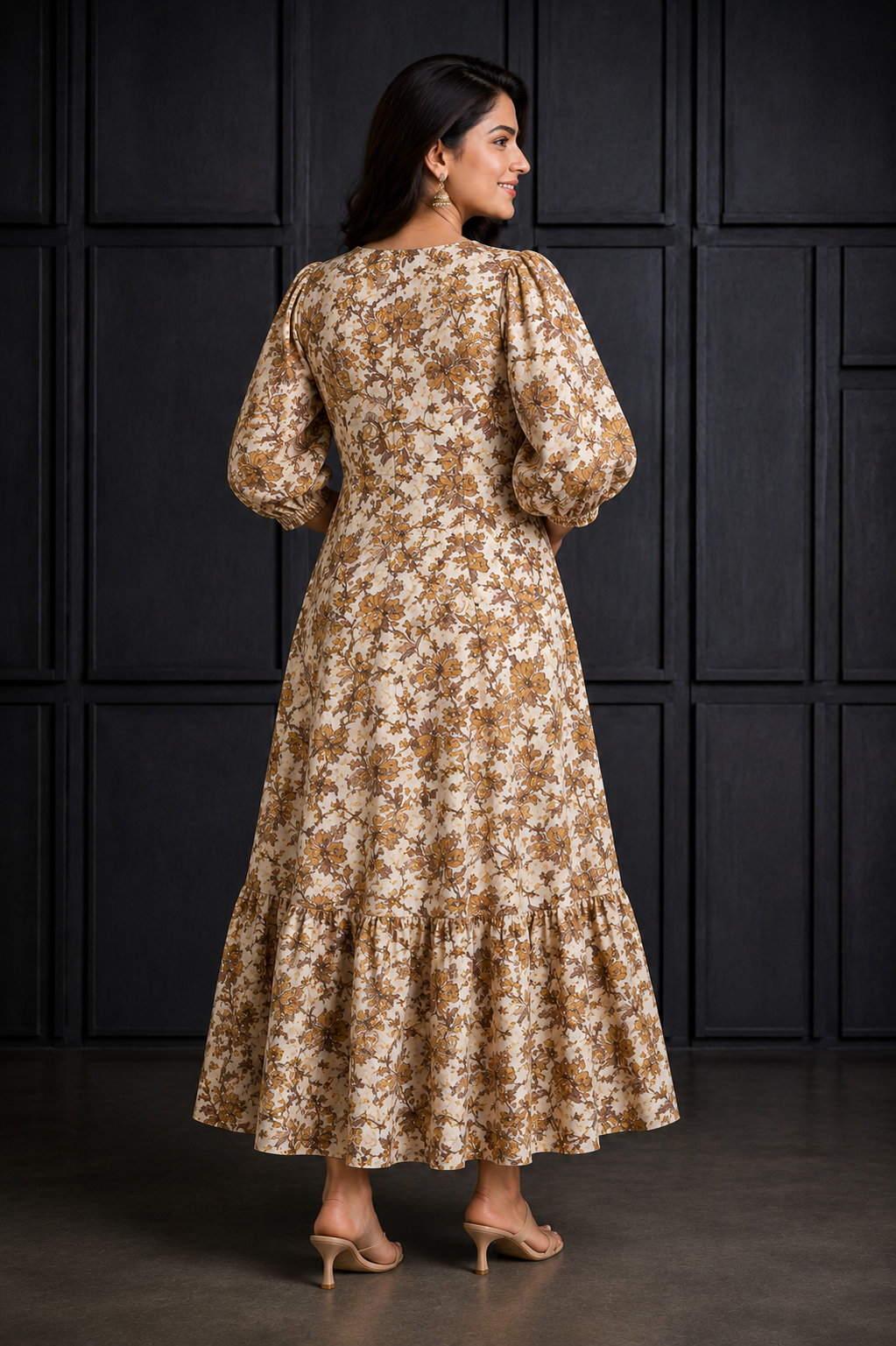 Ivory Beige Floral Printed Flared Maxi Dress