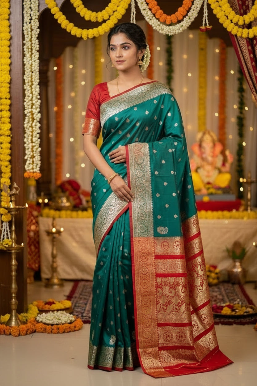 Teal Green Banarasi Saree with Rich Red Zari Pallu