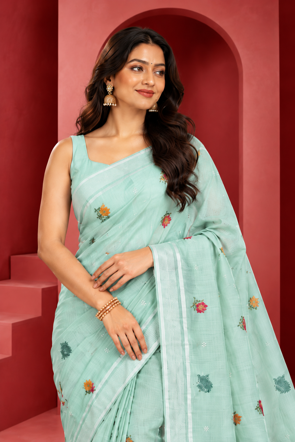 Elegant Mint Green Floral Embroidered Saree
