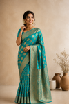 Elegant Turquoise Blue Banarasi Silk Saree with Rich Gold Zari Weaving