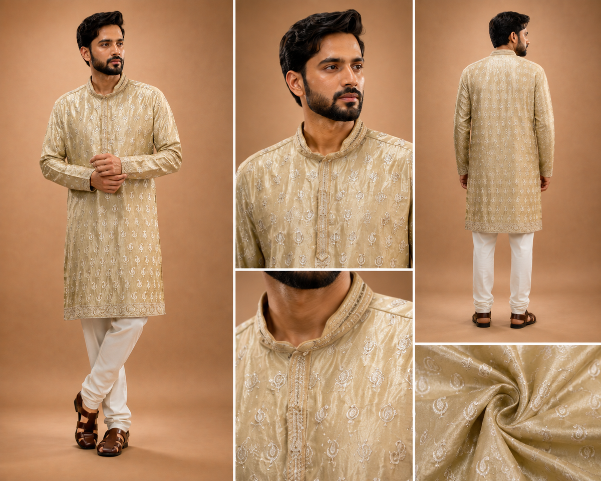 Beige Embroidered Men’s Festive Kurta