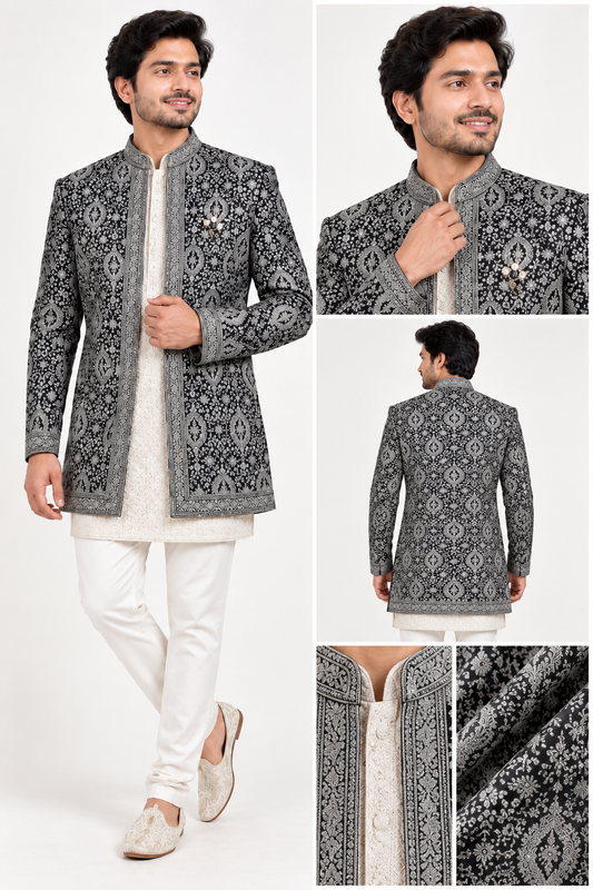 Black & Silver Embroidered Indo-Western Set