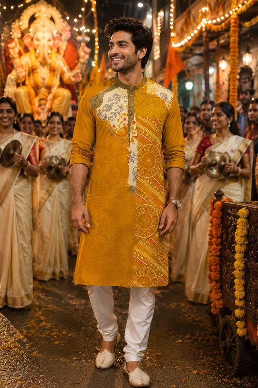 Mustard Patchwork Print Festive Kurta