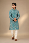 Teal Leaf Print Kurta with White Pajama