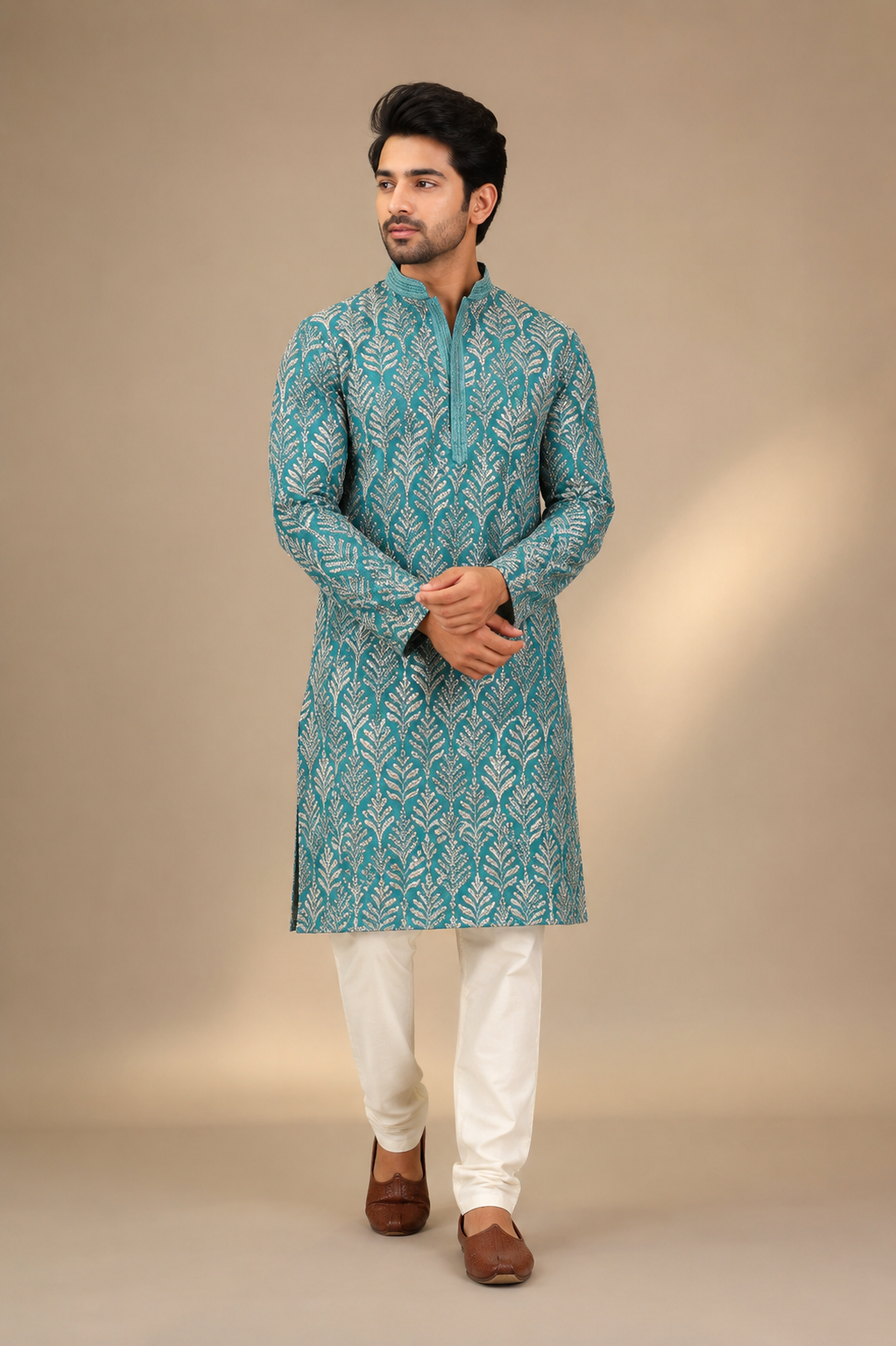 Teal Leaf Print Kurta with White Pajama