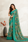 Women's Sea Green Floral Printed Saree with Elegant Woven Border | Lightweight Festive & Party Wear