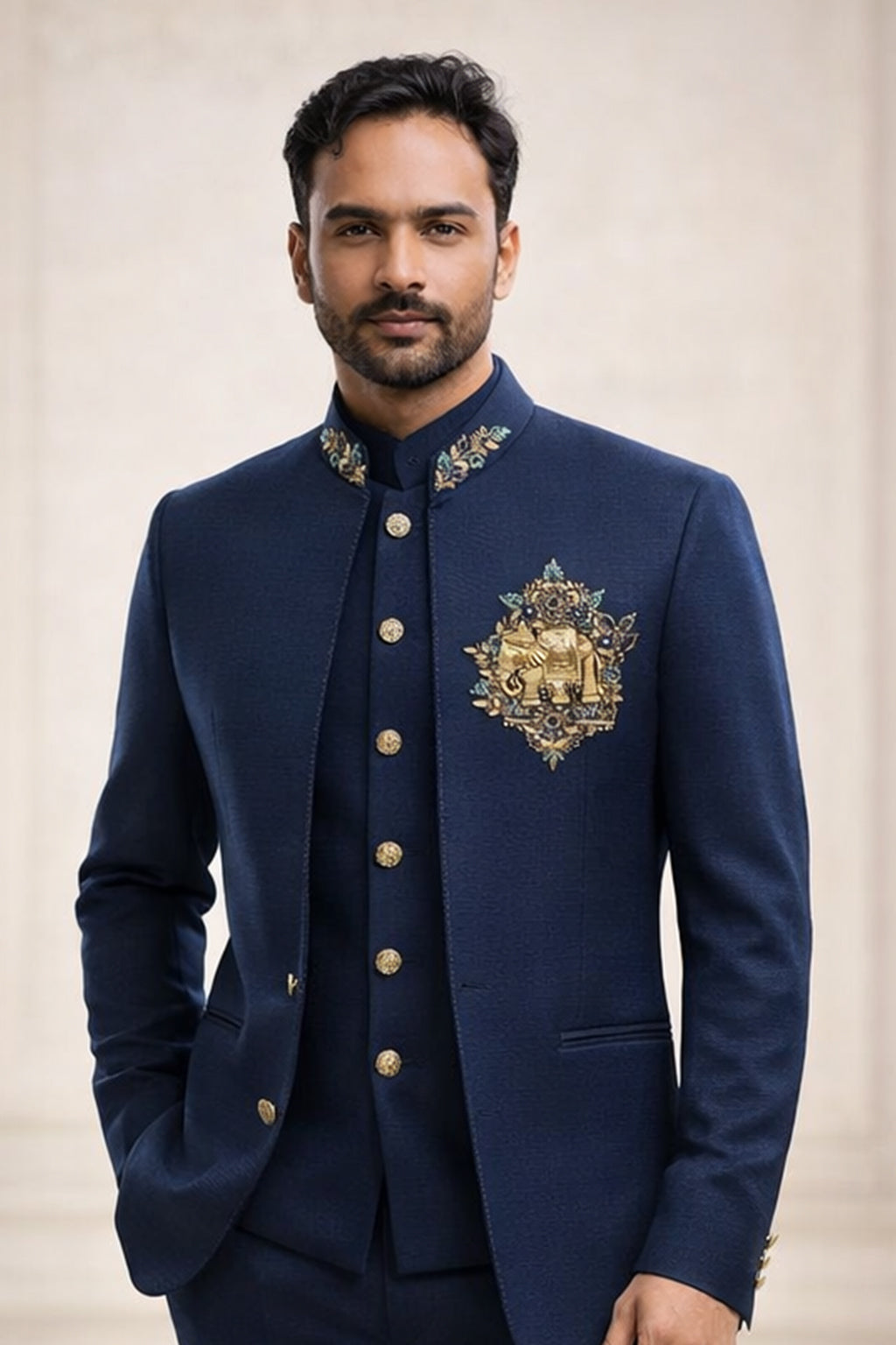 Men’s Navy Blue Embroidered Bandhgala Suit