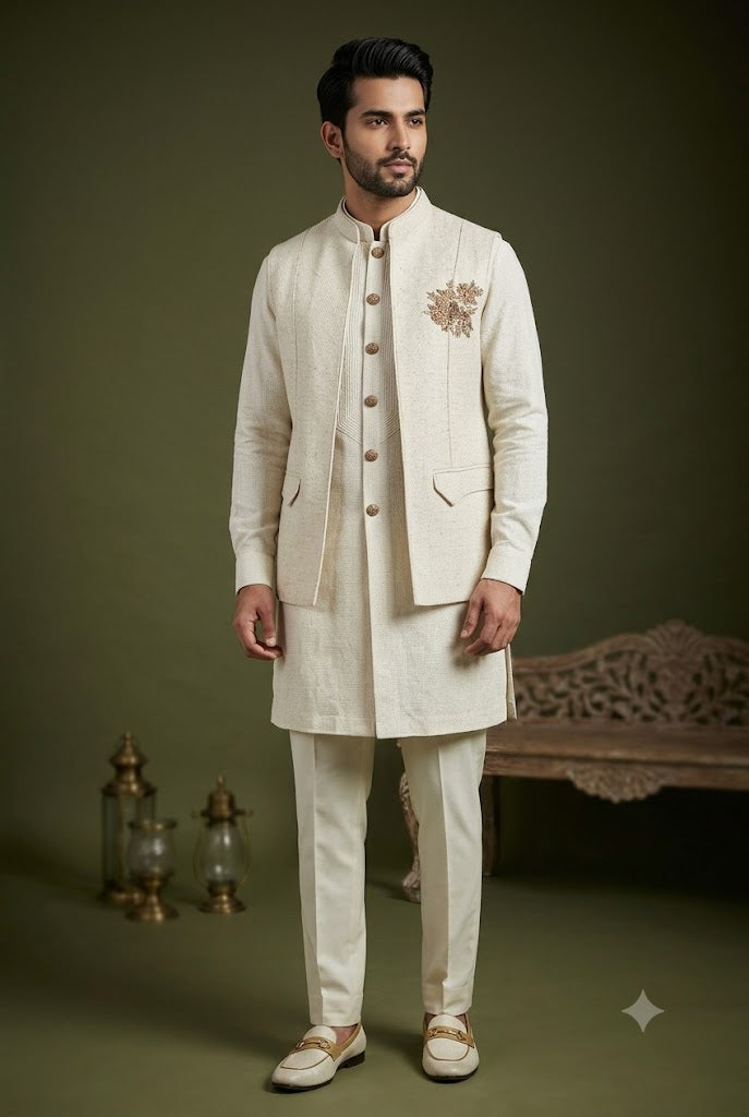Ivory Embroidered Indo-Western Jacket Kurta Set