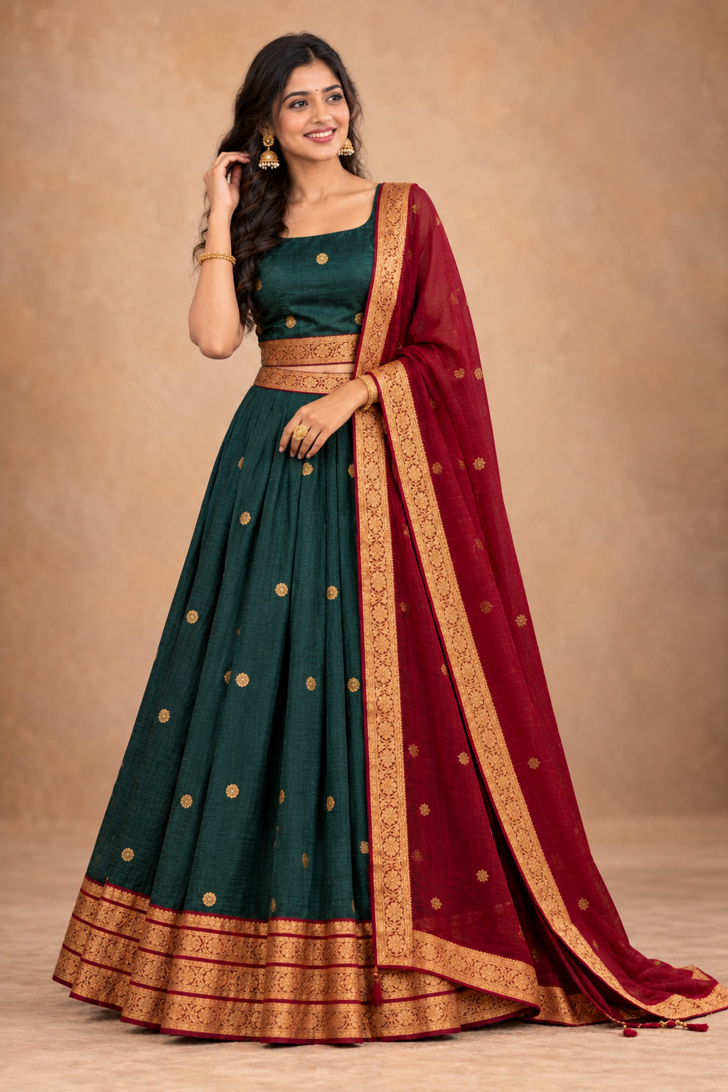 Elegant Bottle Green & Maroon Traditional Lehenga Choli Set