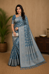 Elegant Steel Blue Saree with Silver Zari Woven Border &  Pallu