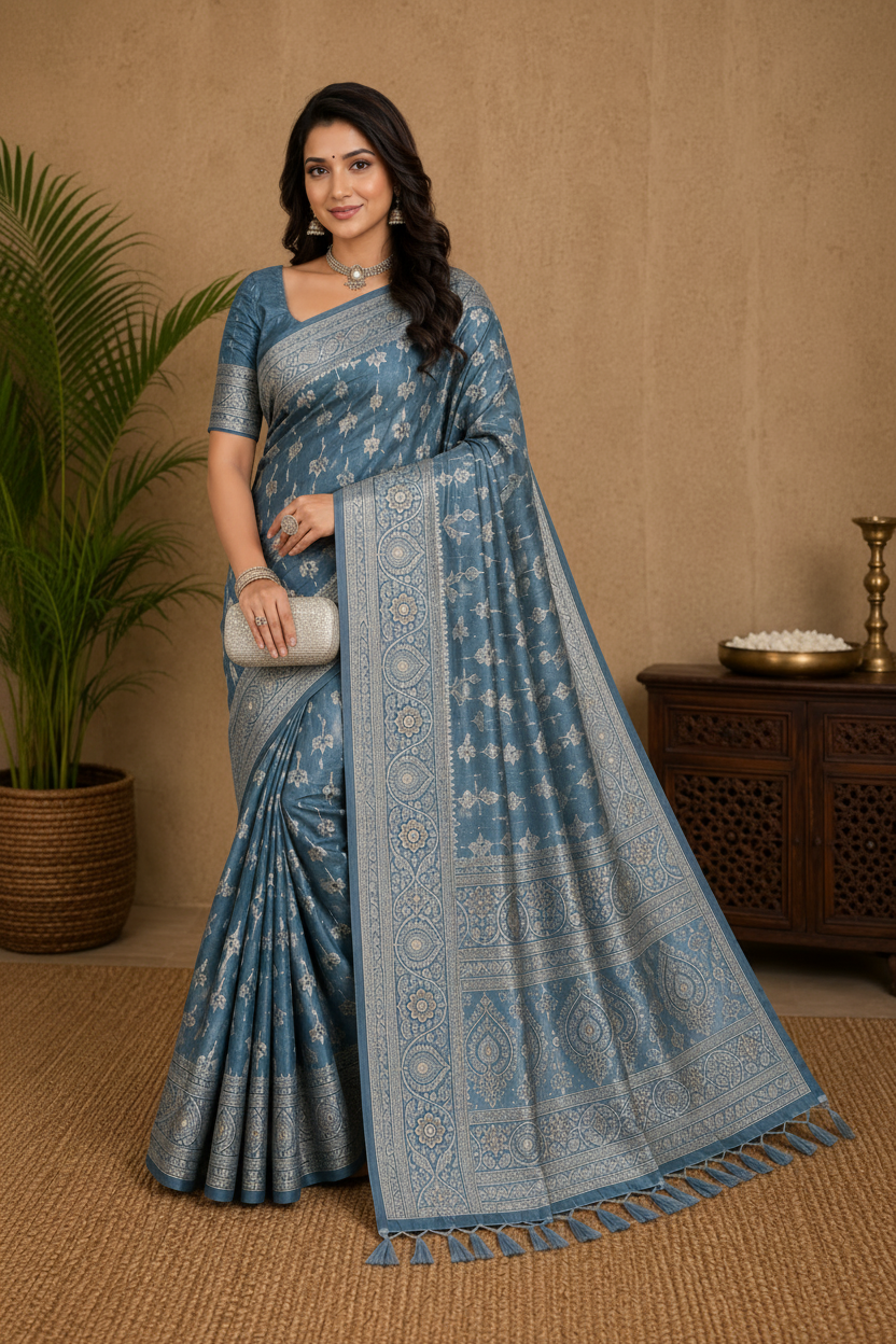 Elegant Steel Blue Saree with Silver Zari Woven Border &  Pallu