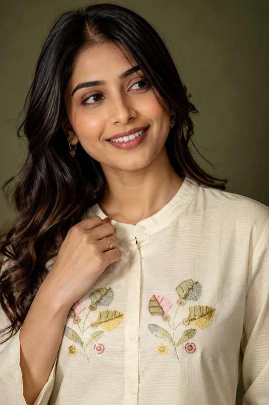 Ivory Floral Embroidered Kurta Pant Set