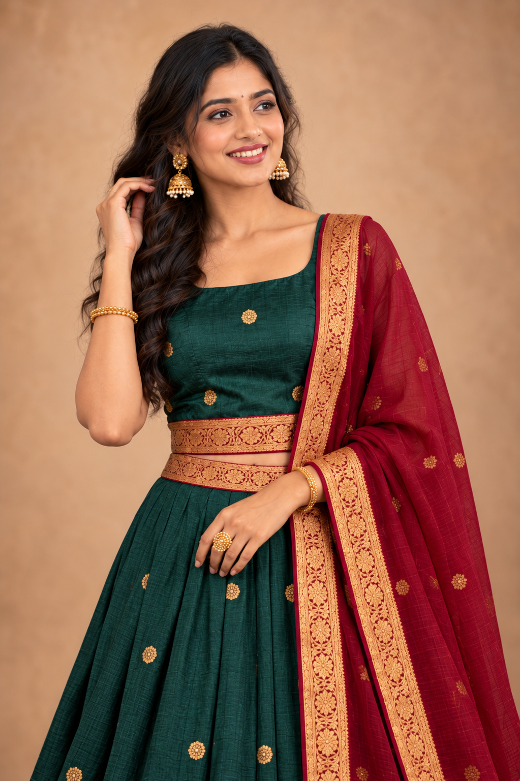 Elegant Bottle Green & Maroon Traditional Lehenga Choli Set