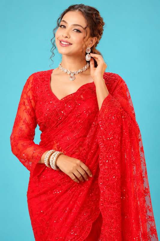 Stunning Bridal Red Designer Net Saree with Heavy Floral Embroidery & Shimmering Sequin Work