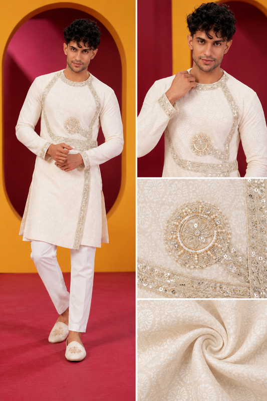 Men's Premium Ivory White Embroidered Indo-Western Kurta Set