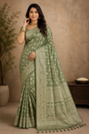 Sage Green Saree with Elegant Gold Zari Woven Border & Pallu