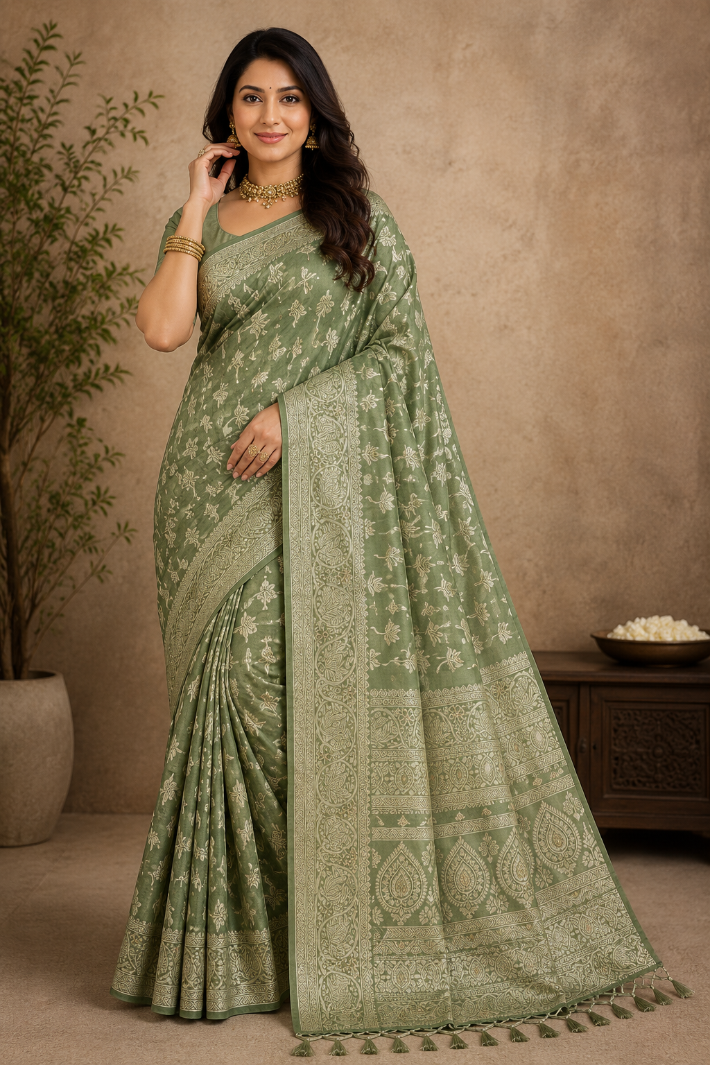 Sage Green Saree with Elegant Gold Zari Woven Border & Pallu