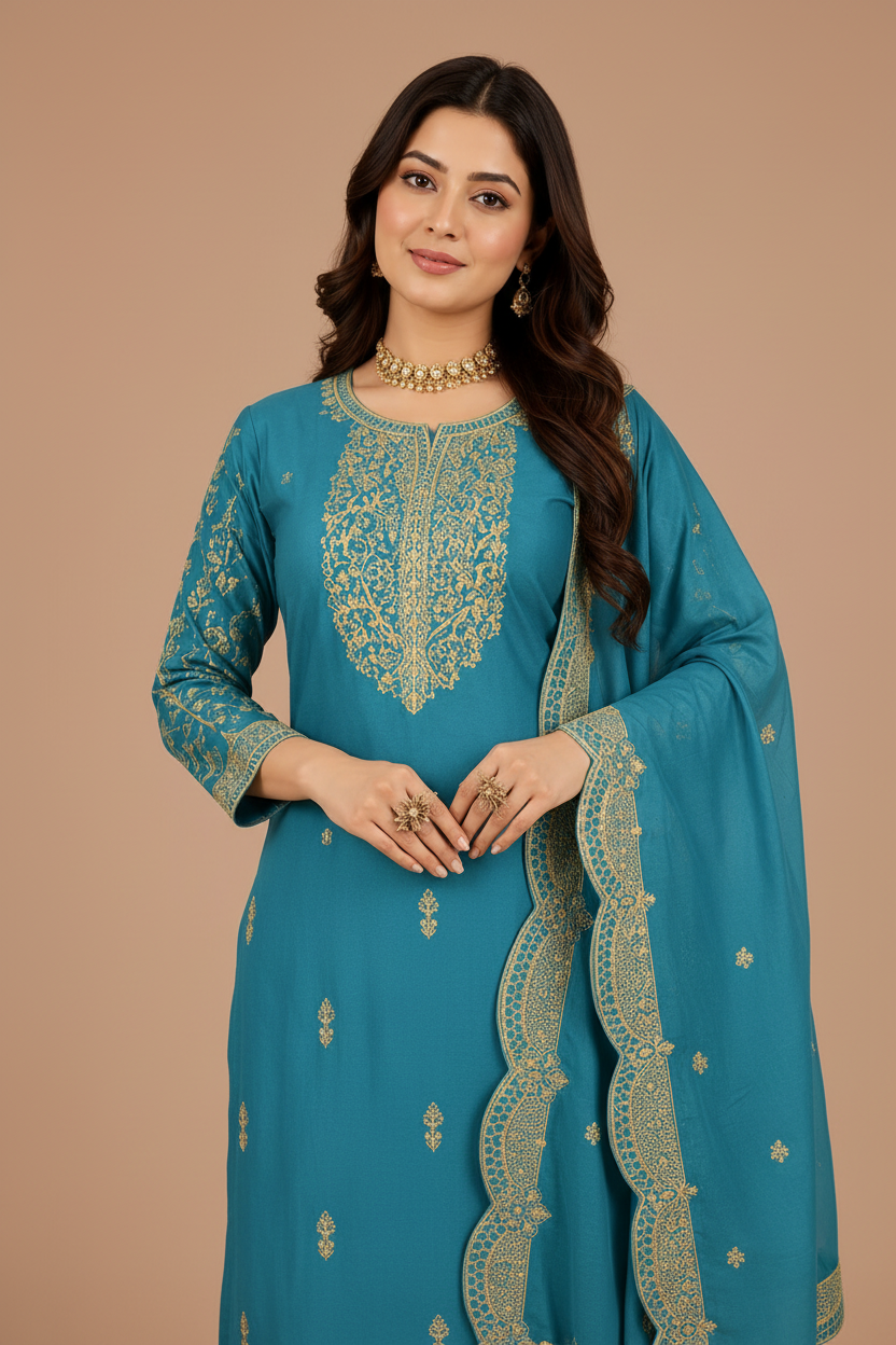 Teal Blue Embroidered Kurta Pant & Dupatta Set for Women