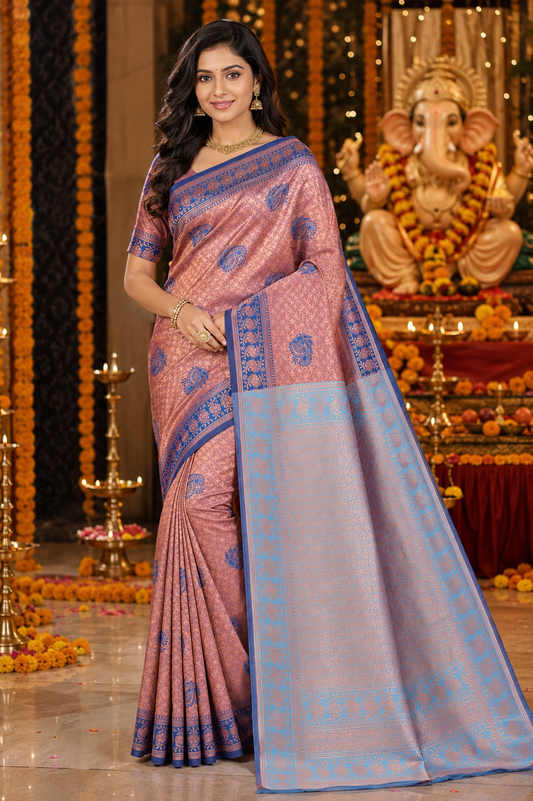 Elegant Peach & Sky Blue Woven Silk Saree with Paisley Motifs and Rich Pallu