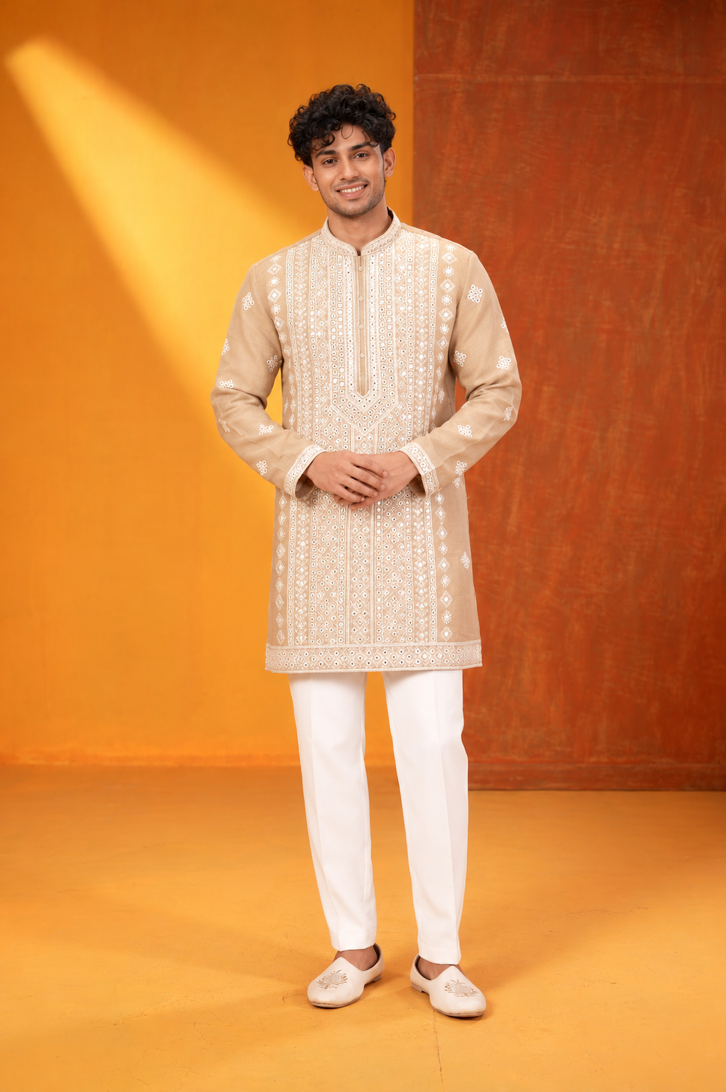 Beige Embroidered Festive Kurta Set for Men