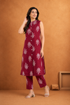 Maroon Printed Sleeveless Kurta Pant Set for Women