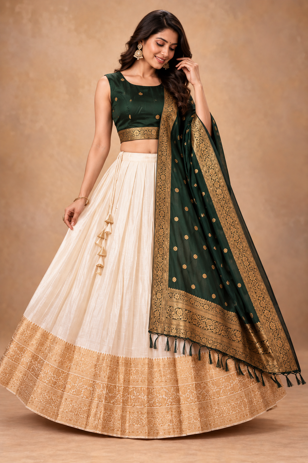 Elegant Ivory & Emerald Green Zari Work Lehenga Choli Set