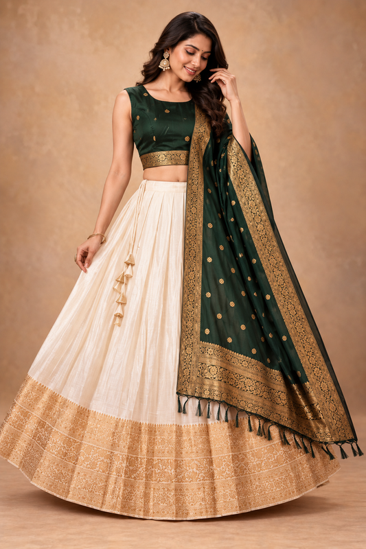 Elegant Ivory & Emerald Green Zari Work Lehenga Choli Set