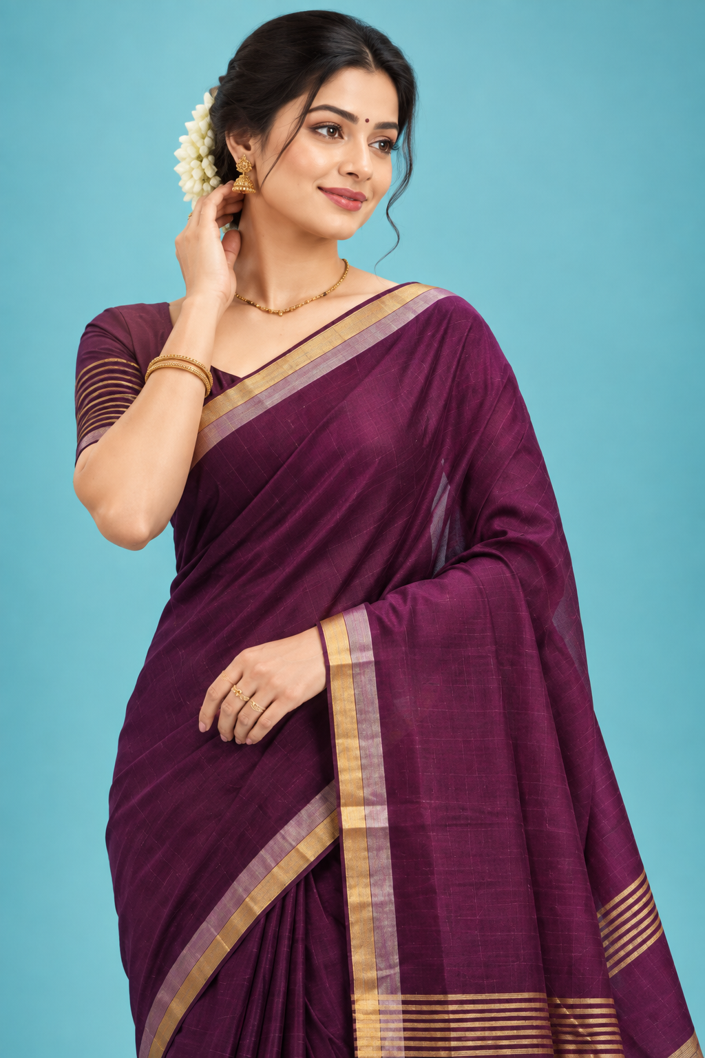 Elegant Wine Purple Handloom Saree with Golden Border