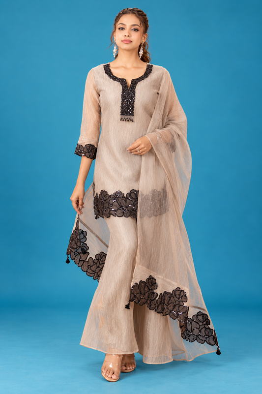 Elegant Beige & Black Floral Embroidered Co-Ord Set