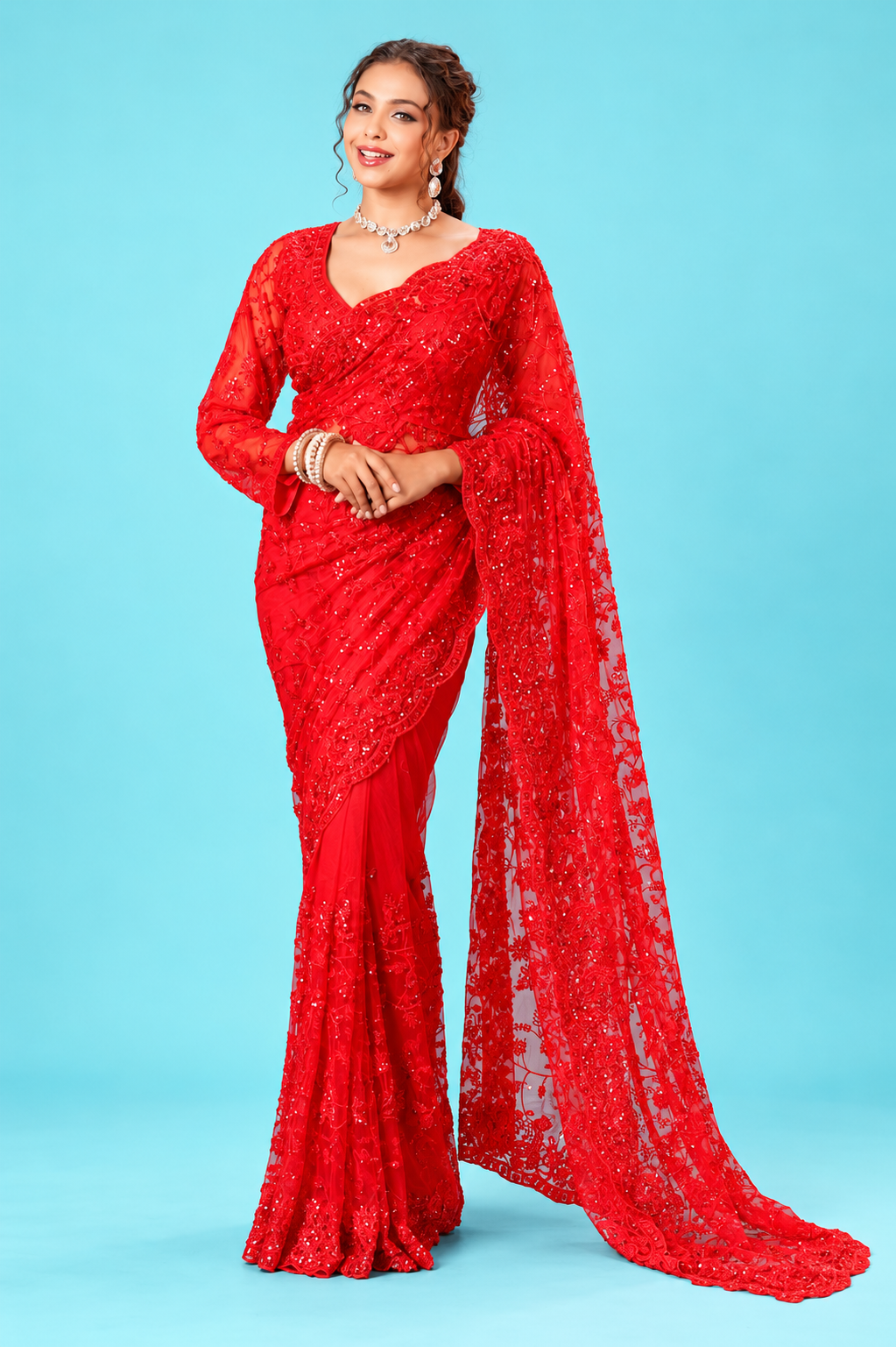 Stunning Bridal Red Designer Net Saree with Heavy Floral Embroidery & Shimmering Sequin Work