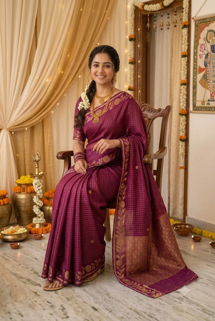 Wine Checked Silk Saree with Traditional Gold Zari Border