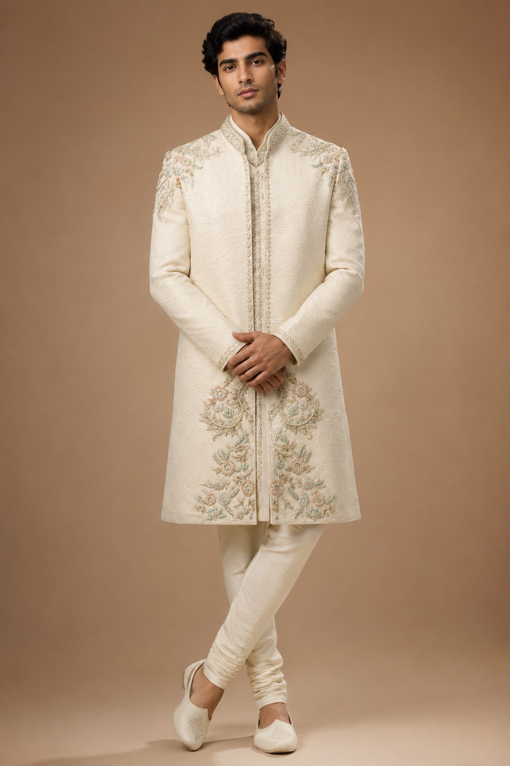 Ivory Embroidered Sherwani with Churidar Set