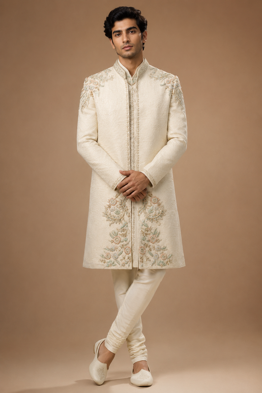 Ivory Embroidered Sherwani with Churidar Set