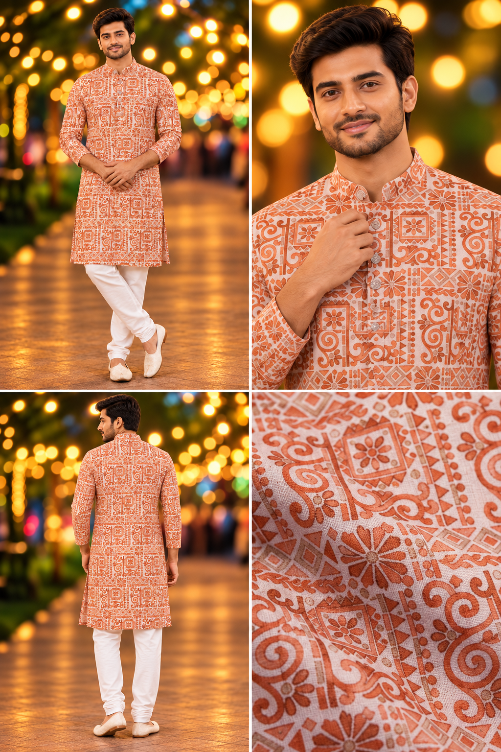 Men’s Orange Ethnic Print Kurta